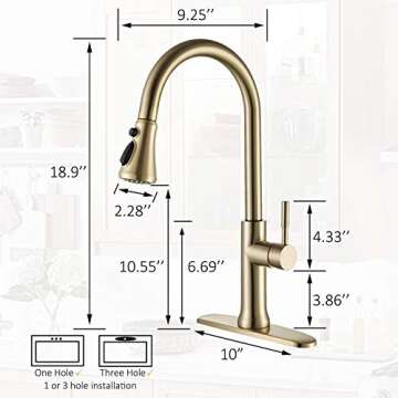 Touch Kitchen Faucet with Pull Down Sprayer Brushed Gold Kitchen Sink Faucets Single Handle Modern Stainless Steel Faucet for Kitchen Sink Faucet with Deck Plate Fit 1 or 3 Hole RBROHANT