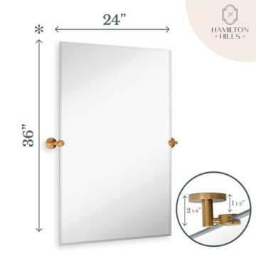 Hamilton Hills Frameless 24 x 36 Inch Pivot Bathroom Mirror - Tilting Rectangular Wall Mirror with G...
