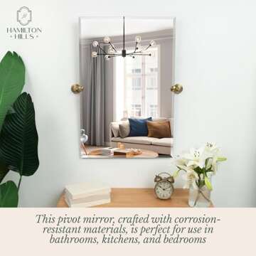 Hamilton Hills Frameless 24 x 36 Inch Pivot Bathroom Mirror - Tilting Rectangular Wall Mirror with Gold Rounded Brackets - Wall-Mounted Vanity and Shower Decor