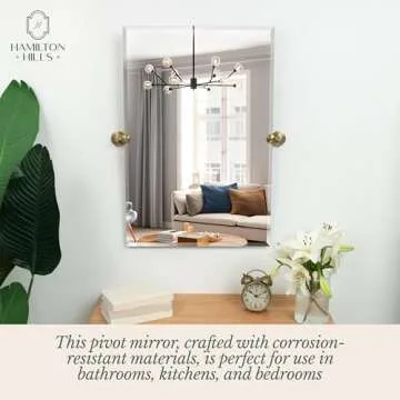 Hamilton Hills Frameless 24 x 36 Inch Pivot Bathroom Mirror - Tilting Rectangular Wall Mirror with Gold Rounded Brackets - Wall-Mounted Vanity and Shower Decor