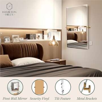 Hamilton Hills Frameless 24 x 36 Inch Pivot Bathroom Mirror - Tilting Rectangular Wall Mirror with Gold Rounded Brackets - Wall-Mounted Vanity and Shower Decor