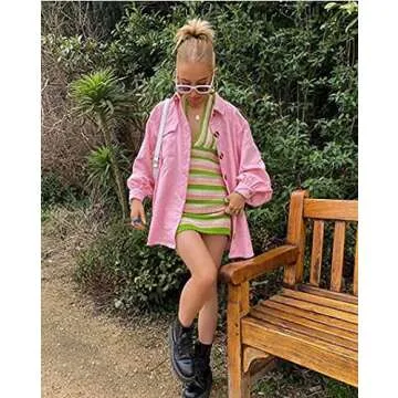 Mistshopy Women Vintage Square Crochet Knitted Dress Halter Neck Hollow Out Striped Mini Dresses Fashion Crocheting Streetwear (#5-Green, S)