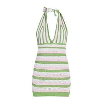 Mistshopy Women Vintage Square Crochet Knitted Dress Halter Neck Hollow Out Striped Mini Dresses Fashion Crocheting Streetwear (#5-Green, S)