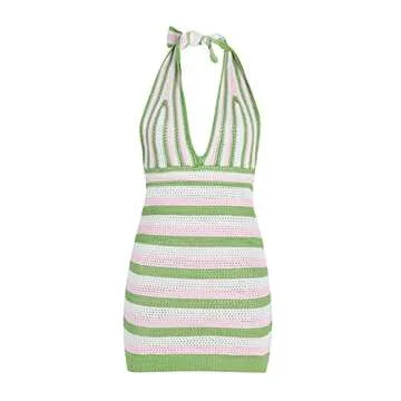 Mistshopy Women Vintage Square Crochet Knitted Dress Halter Neck Hollow Out Striped Mini Dresses Fashion Crocheting Streetwear (#5-Green, S)