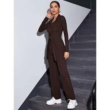 MakeMeChic Women's 2 Piece Outfits Long Sleeve Ribbed Knit Top and Pants Set Brown S