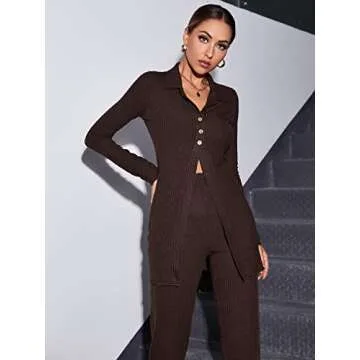 MakeMeChic Women's 2 Piece Outfits Long Sleeve Ribbed Knit Top and Pants Set Brown S