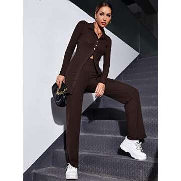 MakeMeChic Women's 2 Piece Outfits Long Sleeve Ribbed Knit Top and Pants Set Brown S