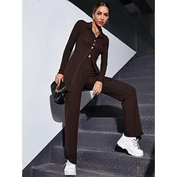 MakeMeChic Women's 2 Piece Outfits Long Sleeve Ribbed Knit Top and Pants Set Brown S