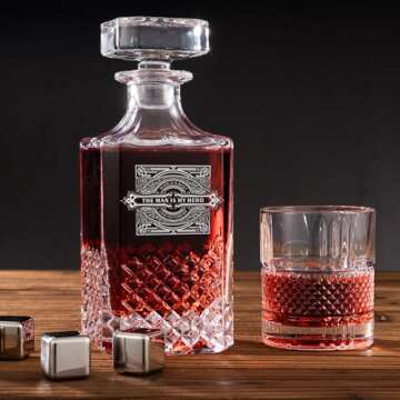 XmanKing Whiskey Decanter, Decanter Sets for Men, Whiskey Glasses, Stainless Steel Whiskey Stones and Tongs with Wooden Gift Box, Father's Day Gifts for Dad, Retirement Birthday Gifts for Men