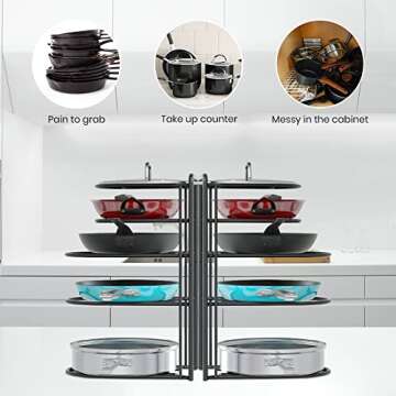 Heavy Duty Pan Organizer for Cast Iron Pot Rack Storage for Cabinet 5 Tier Skillet Holder for Kitchen-Holds 5qt/7qt Dutch Oven,8”10”12” Skillet-Matte Black