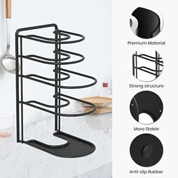Heavy Duty Pan Organizer for Cast Iron Pot Rack Storage for Cabinet 5 Tier Skillet Holder for Kitchen-Holds 5qt/7qt Dutch Oven,8”10”12” Skillet-Matte Black