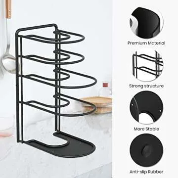 Heavy Duty Pan Organizer for Cast Iron Pot Rack Storage for Cabinet 5 Tier Skillet Holder for Kitchen-Holds 5qt/7qt Dutch Oven,8”10”12” Skillet-Matte Black