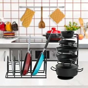 Heavy Duty Pan Organizer for Cast Iron Pot Rack Storage for Cabinet 5 Tier Skillet Holder for Kitchen-Holds 5qt/7qt Dutch Oven,8”10”12” Skillet-Matte Black