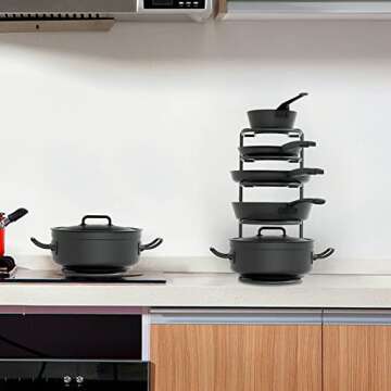 Heavy Duty Pan Organizer for Cast Iron Pot Rack Storage for Cabinet 5 Tier Skillet Holder for Kitchen-Holds 5qt/7qt Dutch Oven,8”10”12” Skillet-Matte Black
