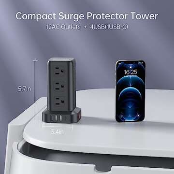 Surge Protector Power Strip Tower,10FT Extension Cord with Multiple Outlets, 12 AC 4 USB (1 USB C)?...