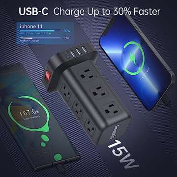 Surge Protector Power Strip Tower,10FT Extension Cord with Multiple Outlets, 12 AC 4 USB (1 USB C)，Mini Power Strip with USB Ports, Surge Protector Tower Overload Protection for Office, Desk
