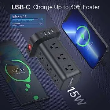 Surge Protector Power Strip Tower,10FT Extension Cord with Multiple Outlets, 12 AC 4 USB (1 USB C)，Mini Power Strip with USB Ports, Surge Protector Tower Overload Protection for Office, Desk