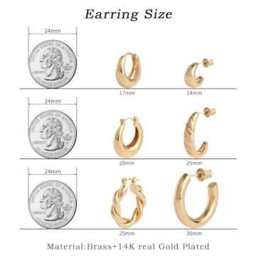 Gold Hoop Earrings Set 14k Real Gold Plated Huggie Earrings Hypoallergenic Chunky Twisted Thick Jewe...