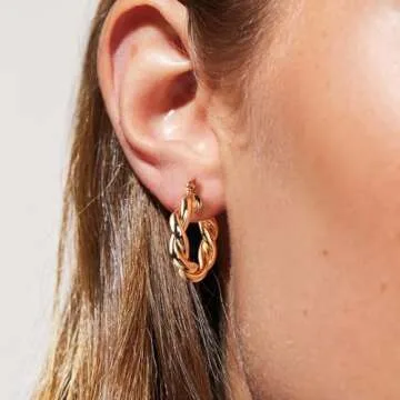 Gold Hoop Earrings Set 14k Real Gold Plated Huggie Earrings Hypoallergenic Chunky Twisted Thick Jewelry for Multiple Piercing Christmas Gift for Women