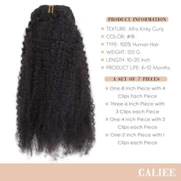 Caliee Afro Kinky Curly Clip in Hair Extension Human Hair Double Weft Brazilian Unprocessed Remy Natural Black Hair, 12 Inch, 120Gram