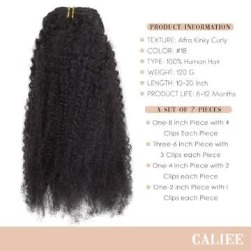 Caliee Afro Kinky Curly Clip in Hair Extension Human Hair Double Weft Brazilian Unprocessed Remy Natural Black Hair, 12 Inch, 120Gram