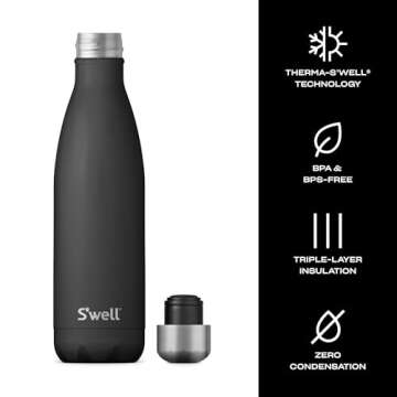 S'well Stainless Steel Water Bottle, 17oz, Onyx, Triple Layered Vacuum-Insulated Containers Keeps Drinks Cold for 36 Hours and Hot for 18, BPA Free, Perfect for On the Go