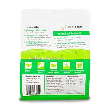 smallbatch Pets Freeze-Dried Super Booster Duck Bites for Dogs & Cats, 7 oz, Made in The USA, Organic Produce, Humanely Sourced Meat, Single Source Protein, Mixer & Topper, Mushrooms and Probiotics