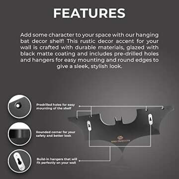 Bat Shelf Gothic Decor - Spooky Wall Decor for Bedroom & Apartment - Floating Shelf with Hooks - Wall Hanging Display Shelves - Home Decor Accents Unique, Halloween Accents for Gothic Decor