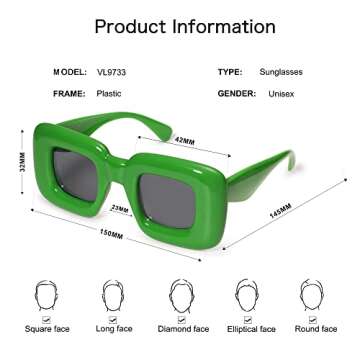 VANLINKER Cute Square Inflated Sunglasses for Women Men Trendy Chunky Glasses Retro Thick Frame Funny Mask Shades VL9733 Classic Green