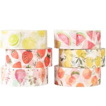 YUBBAEX 6 Rolls Washi Tape Set Plants Fruits & Floral Masking Tape Decorative for Arts, DIY Crafts, Journal Supplies, Planners, Scrapbook, Card/Gift Wrapping -15mm- (Fresh Fruits)