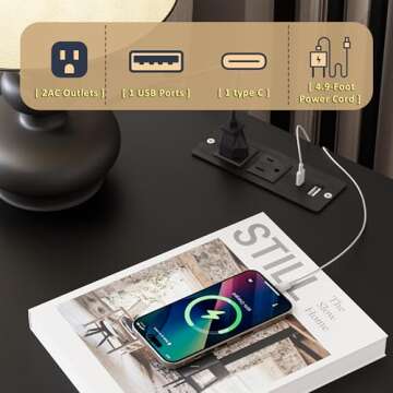 HQZX Black Nightstand Set of 2 with Charging Station, Fluted Nightstand with Drawers, Modern Bedside Table with Gold Legs, End Table for Bedroom