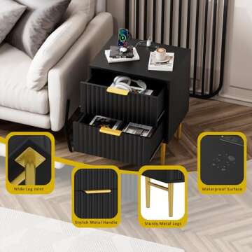HQZX Black Nightstand Set of 2 with Charging Station, Fluted Nightstand with Drawers, Modern Bedside Table with Gold Legs, End Table for Bedroom