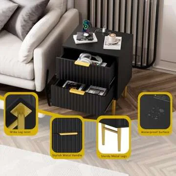HQZX Black Nightstand Set of 2 with Charging Station, Fluted Nightstand with Drawers, Modern Bedside Table with Gold Legs, End Table for Bedroom