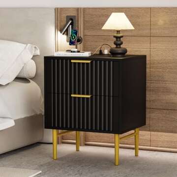 HQZX Black Nightstand Set of 2 with Charging Station, Fluted Nightstand with Drawers, Modern Bedside Table with Gold Legs, End Table for Bedroom