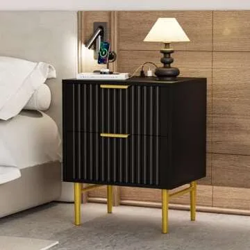 HQZX Black Nightstand Set of 2 with Charging Station, Fluted Nightstand with Drawers, Modern Bedside Table with Gold Legs, End Table for Bedroom