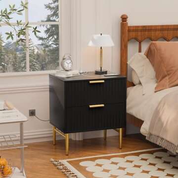 HQZX Black Nightstand Set of 2 with Charging Station, Fluted Nightstand with Drawers, Modern Bedside Table with Gold Legs, End Table for Bedroom