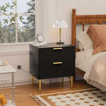HQZX Black Nightstand Set of 2 with Charging Station, Fluted Nightstand with Drawers, Modern Bedside Table with Gold Legs, End Table for Bedroom