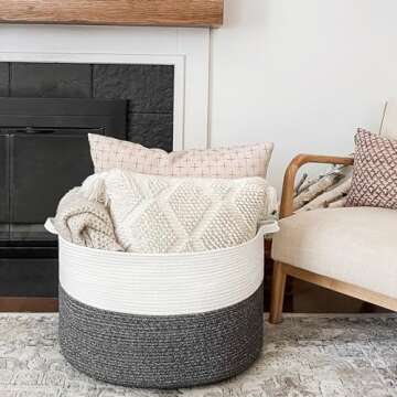 INDRESSME Woven Rope Basket with Handle, XXXLarge, Cotton (21.7" x 21.7" x 13.8") Laundry Hamper For Baby Laundry, Blanket, Toy, Storage Comforter Cushions, Gray