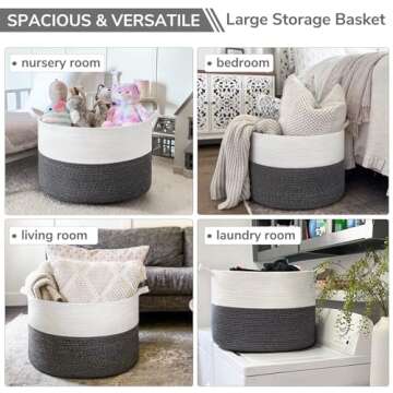 INDRESSME Woven Rope Basket with Handle, XXXLarge, Cotton (21.7" x 21.7" x 13.8") Laundry Hamper For Baby Laundry, Blanket, Toy, Storage Comforter Cushions, Gray