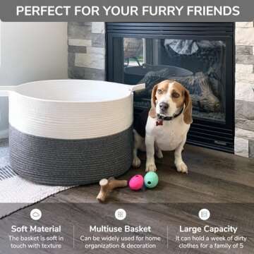 INDRESSME Woven Rope Basket with Handle, XXXLarge, Cotton (21.7" x 21.7" x 13.8") Laundry Hamper For Baby Laundry, Blanket, Toy, Storage Comforter Cushions, Gray