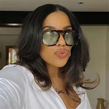 ADE WU Trendy Square Sunglasses for Women Vintage 70s Fashion Stylish Retro Tangle Free Aviator Sunglasses Flat Top Shades (Tortoise shell/Green Tinted Lense)