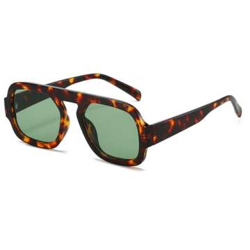 ADE WU Trendy Square Sunglasses for Women Vintage 70s Fashion Stylish Retro Tangle Free Aviator Sunglasses Flat Top Shades (Tortoise shell/Green Tinted Lense)