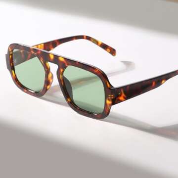 ADE WU Trendy Square Sunglasses for Women Vintage 70s Fashion Stylish Retro Tangle Free Aviator Sunglasses Flat Top Shades (Tortoise shell/Green Tinted Lense)