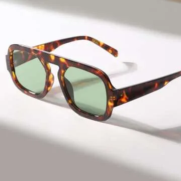 ADE WU Trendy Square Sunglasses for Women Vintage 70s Fashion Stylish Retro Tangle Free Aviator Sunglasses Flat Top Shades (Tortoise shell/Green Tinted Lense)
