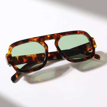 ADE WU Trendy Square Sunglasses for Women Vintage 70s Fashion Stylish Retro Tangle Free Aviator Sunglasses Flat Top Shades (Tortoise shell/Green Tinted Lense)