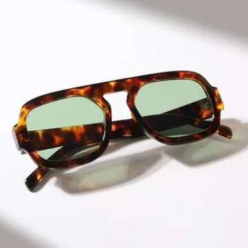 ADE WU Trendy Square Sunglasses for Women Vintage 70s Fashion Stylish Retro Tangle Free Aviator Sunglasses Flat Top Shades (Tortoise shell/Green Tinted Lense)