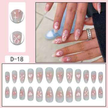 Ombre Pink Press on Nails - Stylish Medium Almond Heart Design with Rhinestones, 24pcs for Women