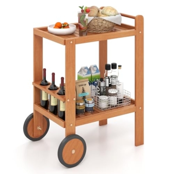 Tangkula Wood Bar Cart, Outdoor Indoor 2 Tier Rolling Serving Cart with Wine Bottle Holders and 2 Ru...