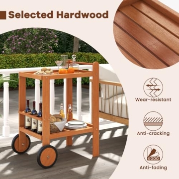 Tangkula Wood Bar Cart, Outdoor Indoor 2 Tier Rolling Serving Cart with Wine Bottle Holders and 2 Rubber Wheels, Bar Table Beverage Drink Cart for Kitchen, Patio, Garden and Poolside, Natural