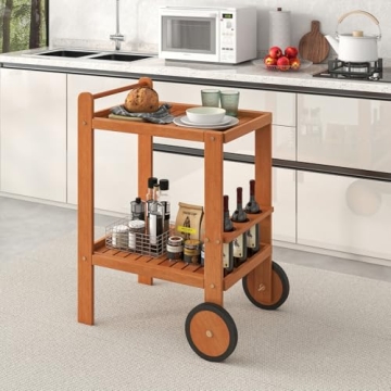 Tangkula Wood Bar Cart, Outdoor Indoor 2 Tier Rolling Serving Cart with Wine Bottle Holders and 2 Rubber Wheels, Bar Table Beverage Drink Cart for Kitchen, Patio, Garden and Poolside, Natural